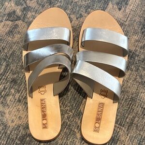 Sol Sana Silver Triple-Strap Leather Slide Sandals